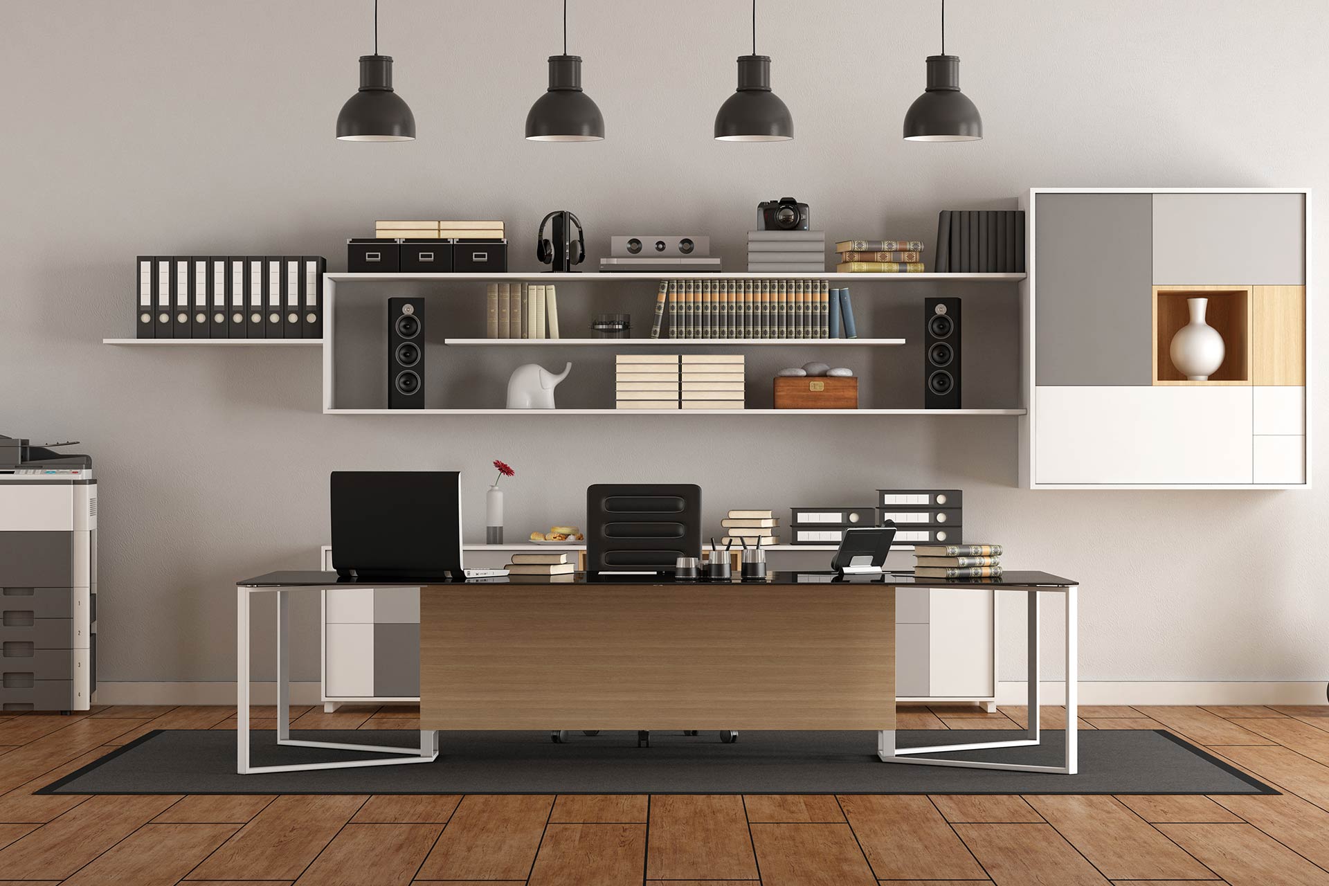 modern office with desk and bookcase 7TBZAN8
